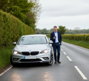 Car broken down. Man calling for help.